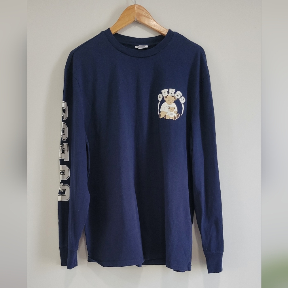 GUESS Original Bear Long Sleeve Crewneck Navy Blue Tee Size L Preppy Streetwear